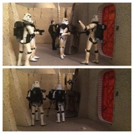 Trooper: “Door’s locked. Move on to the next one.” The squad heads down the alleyway. #starwars #anhwt #toyshelf